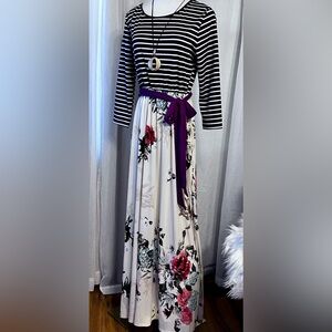 Striped Floral Maxi Dress with Purple Sash